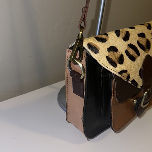 Leopard Hide and Leather Crossbody Satchel Purse - Picture 5 of 12